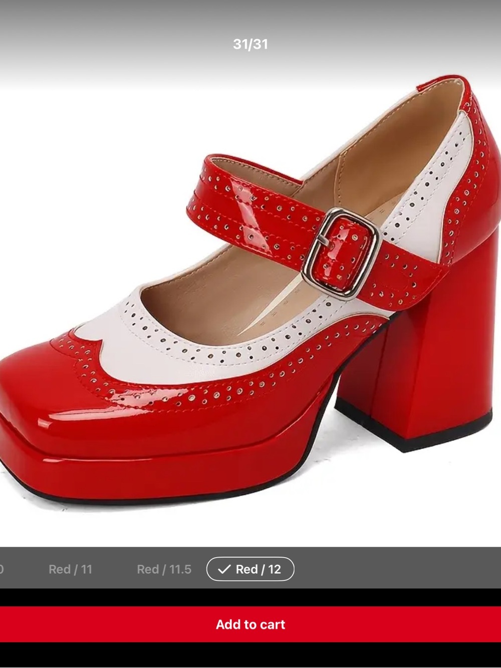 Red Mary Jane Block Heel Pumps with White Trim